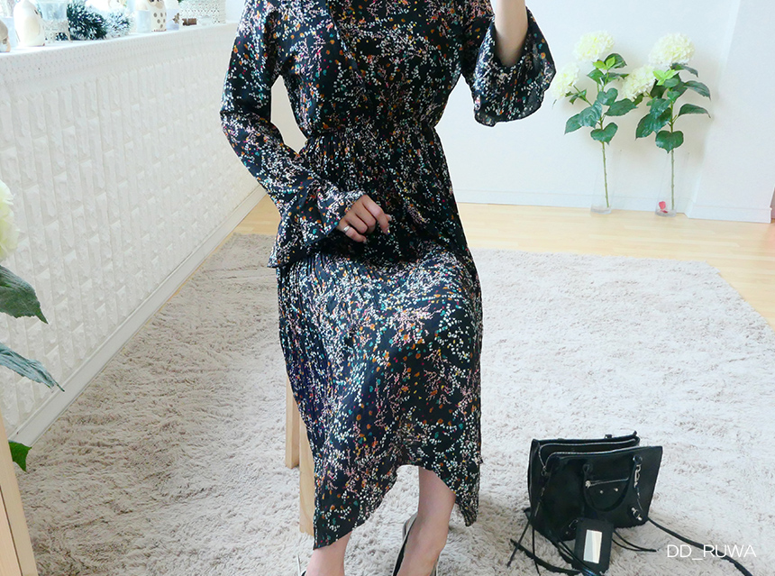 New Women Dress Autumn Flower Pleated Pleated Long