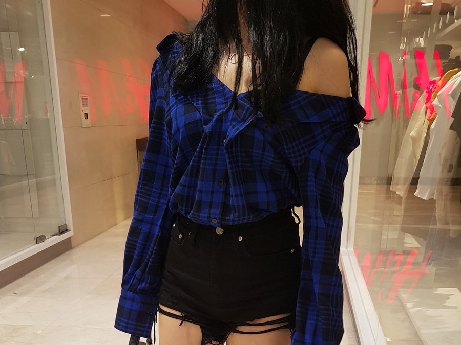 Women Blouses Check Check-Off Shoulder Shirt Blous