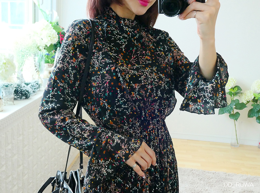 New Women Dress Autumn Flower Pleated Pleated Long