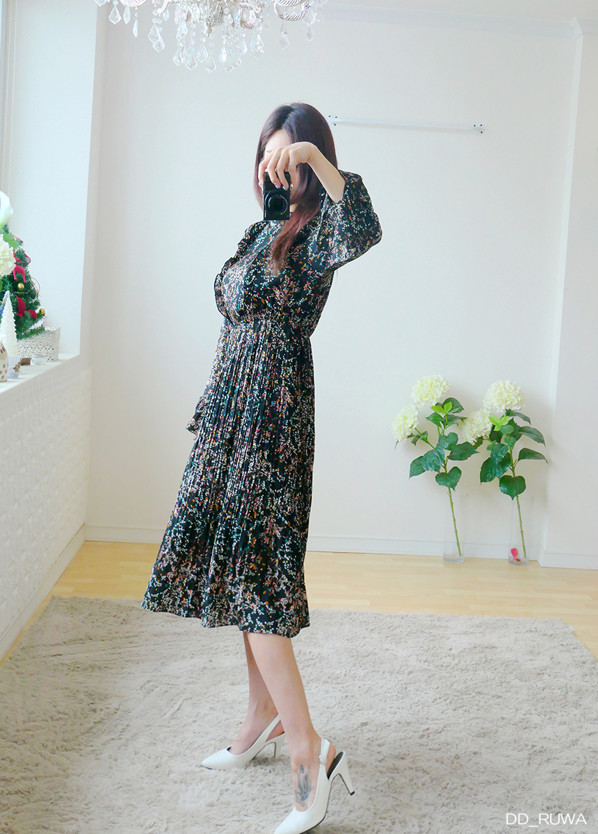New Women Dress Autumn Flower Pleated Pleated Long