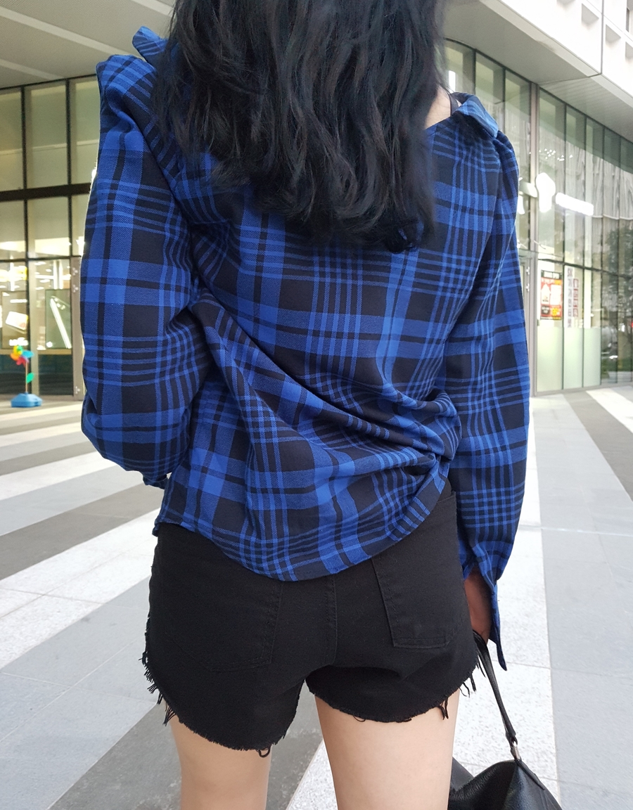 Women Blouses Check Check-Off Shoulder Shirt Blous