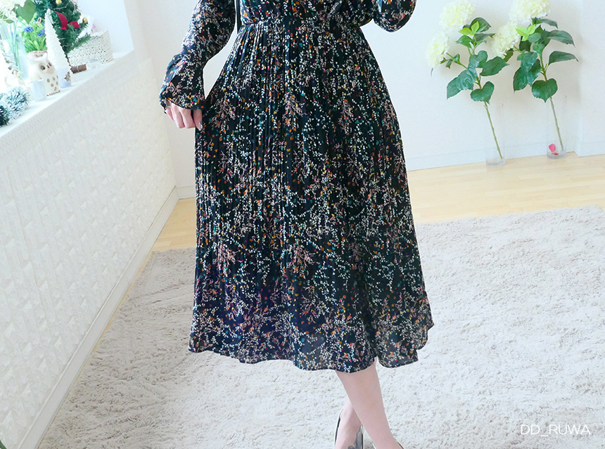 New Women Dress Autumn Flower Pleated Pleated Long