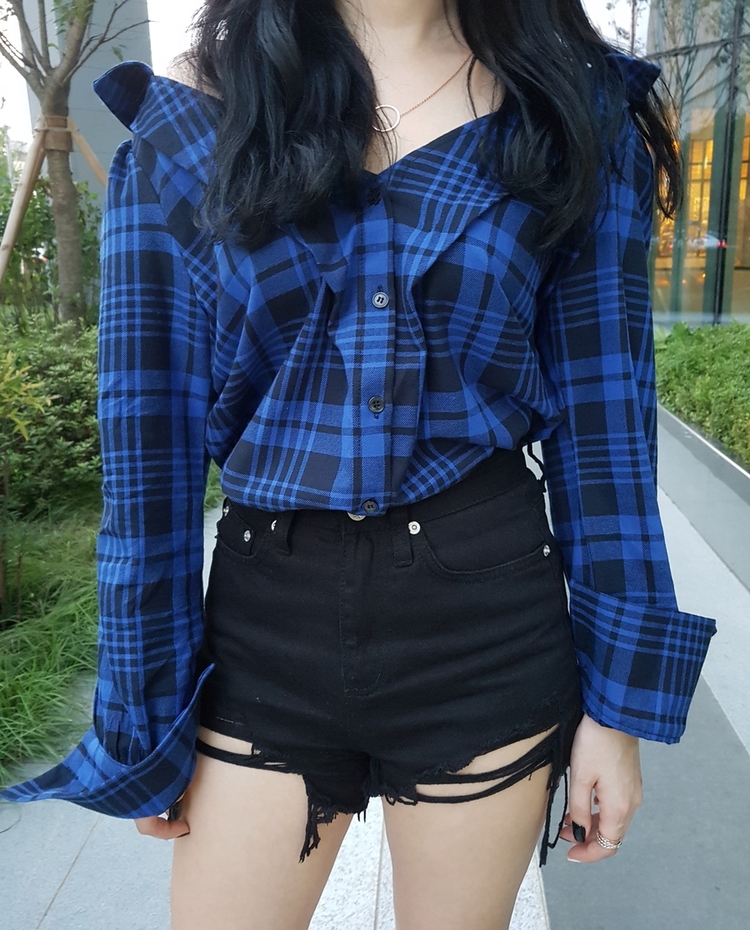 Women Blouses Check Check-Off Shoulder Shirt Blous