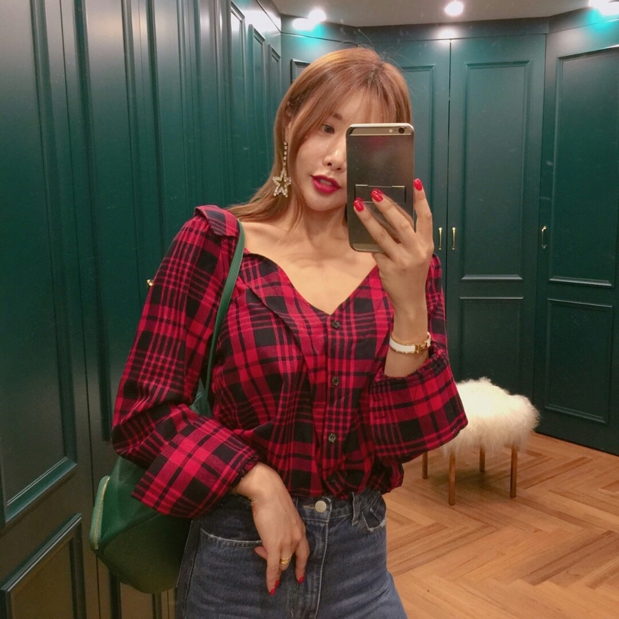 Women Blouses Check Check-Off Shoulder Shirt Blous