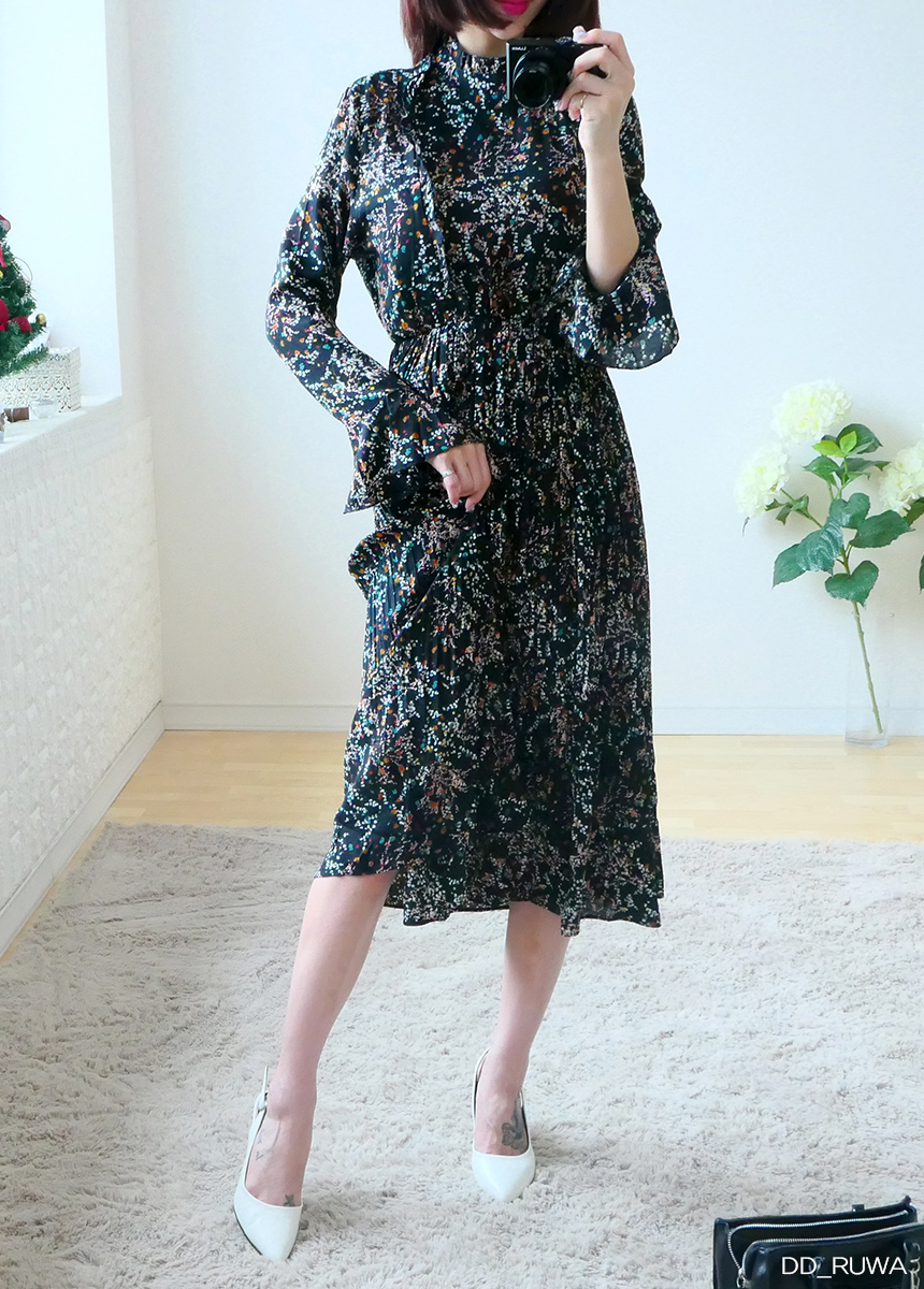 New Women Dress Autumn Flower Pleated Pleated Long