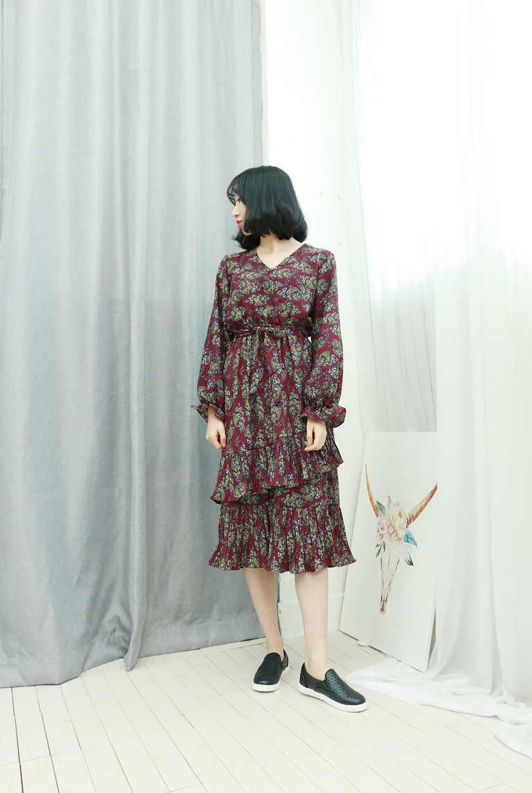 Chiffon Canvas Fall Flower Long Dress Flower Patte