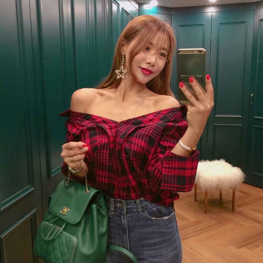 Women Blouses Check Check-Off Shoulder Shirt Blous