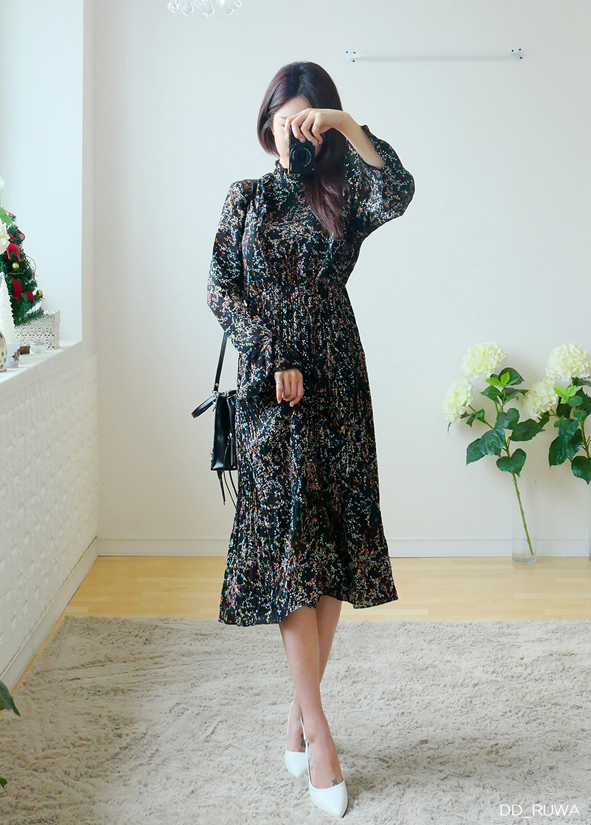 New Women Dress Autumn Flower Pleated Pleated Long