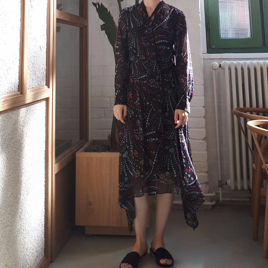 Ribbon tie pattern Unblended Long Dress Black, Lon