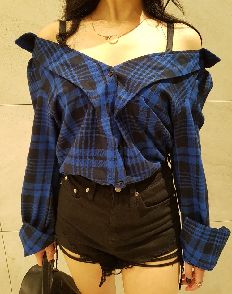 Women Blouses Check Check-Off Shoulder Shirt Blous