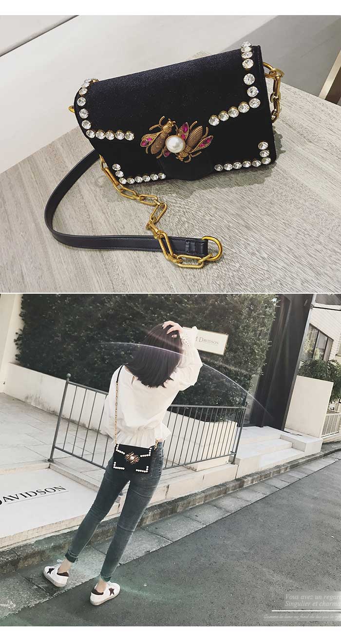 New Bee Pearl Cubic Velvet Mini Cross Bag Black Bl