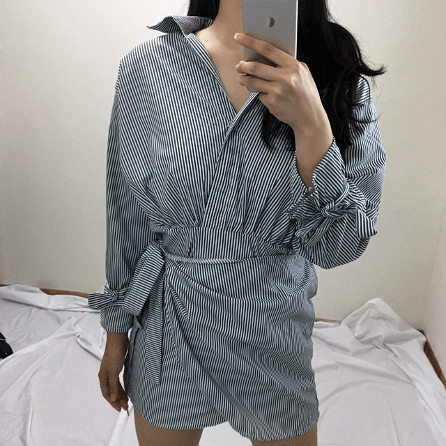 New Stripe White Mini Shirt Wrap Dress 2color Styl