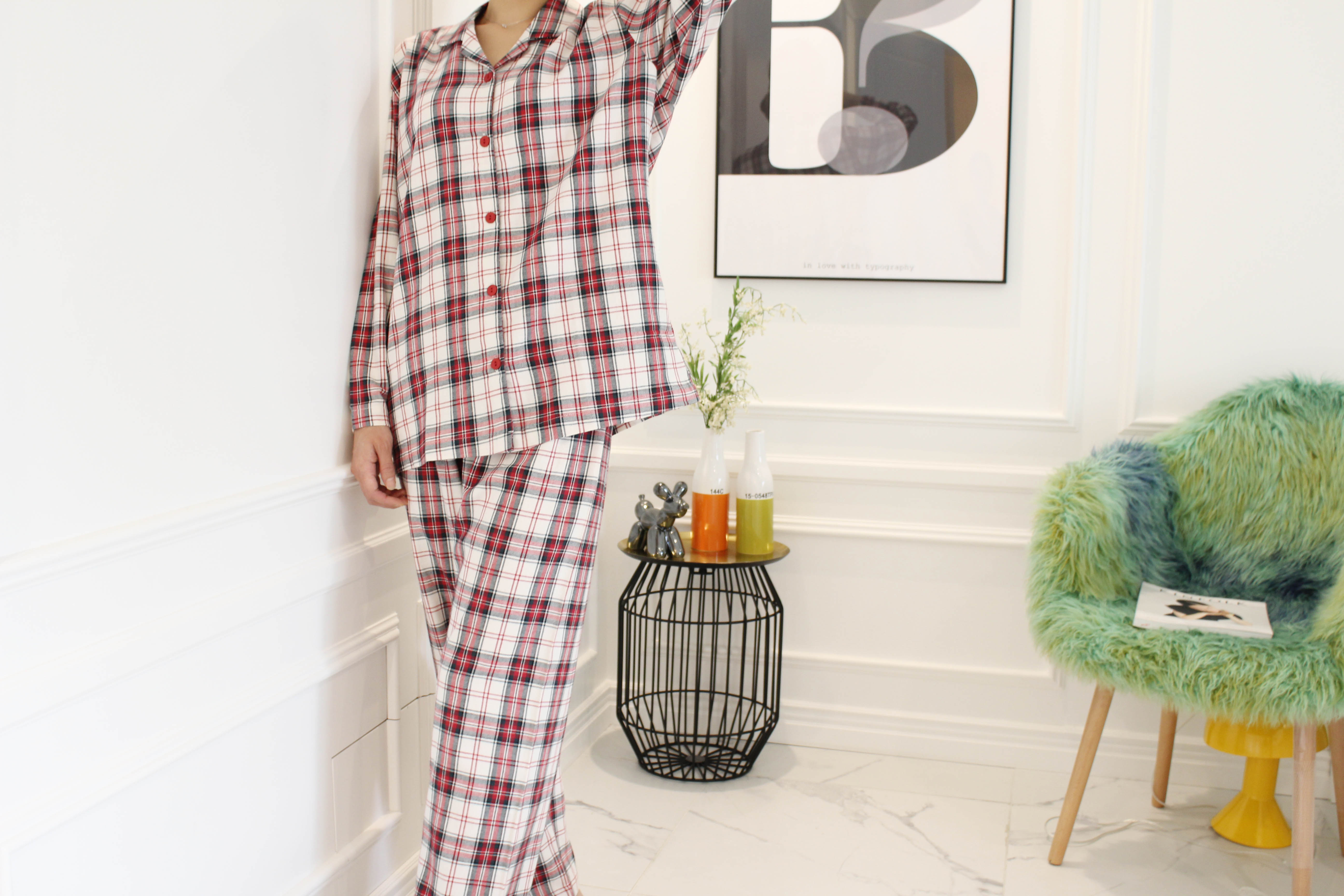 New Brushed Check Couple Pajamas Set Homewear Wome