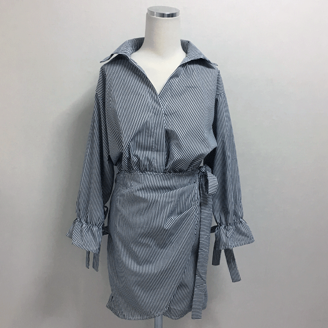 New Stripe White Mini Shirt Wrap Dress 2color Styl