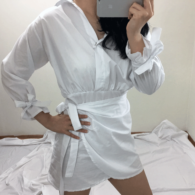 New Stripe White Mini Shirt Wrap Dress 2color Styl