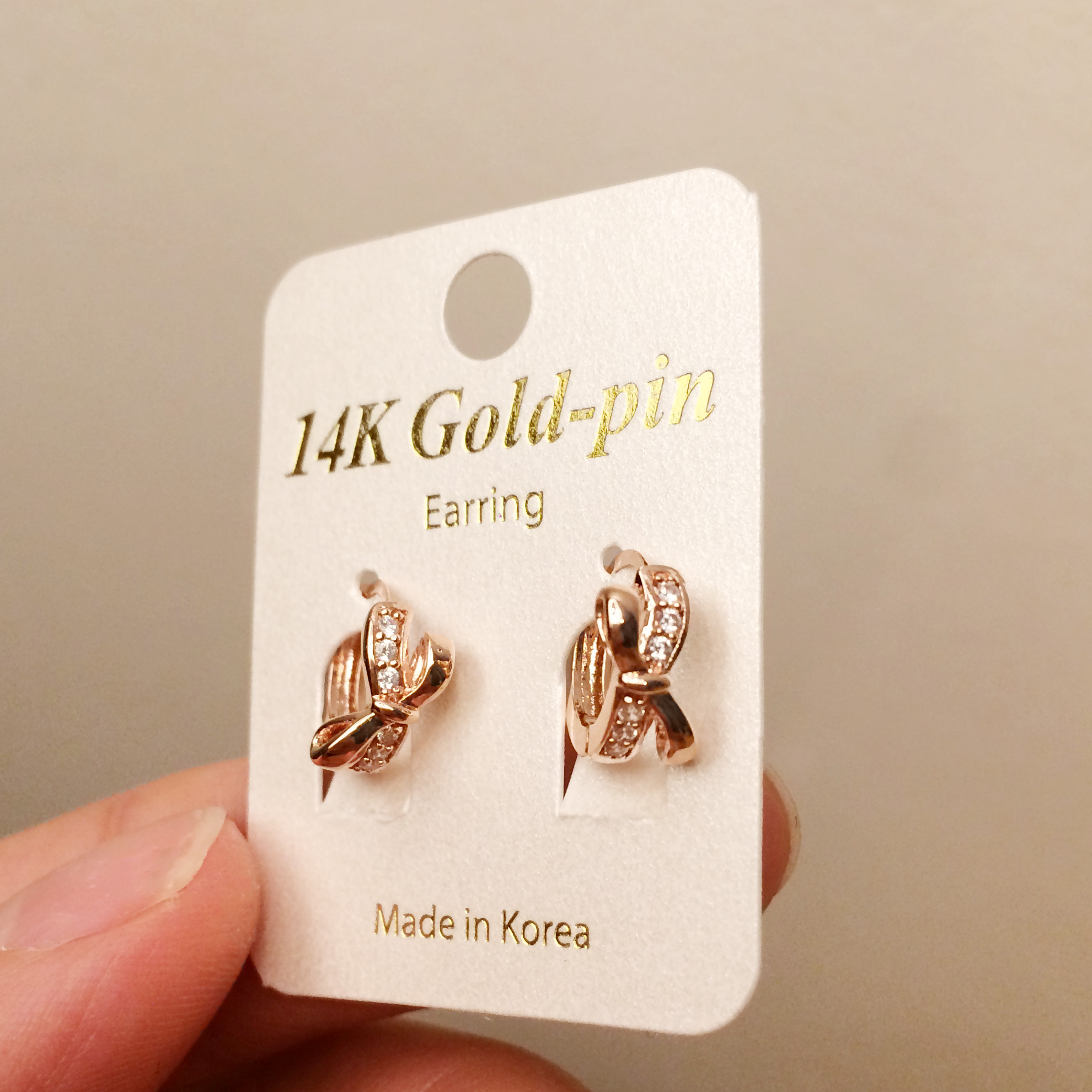 Gold pin ribbon ribbon ring One-touch earrings 14k