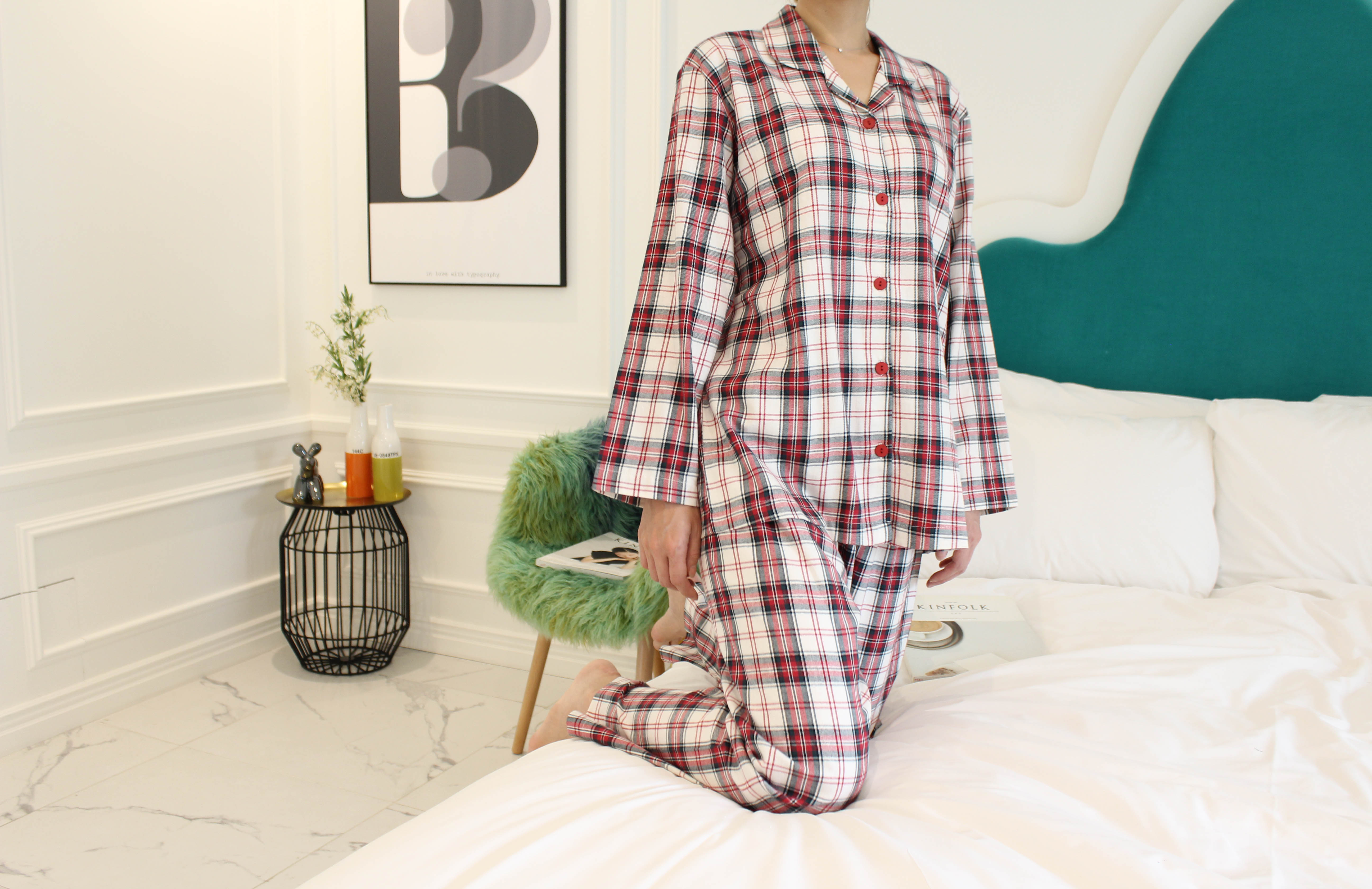 New Brushed Check Couple Pajamas Set Homewear Wome