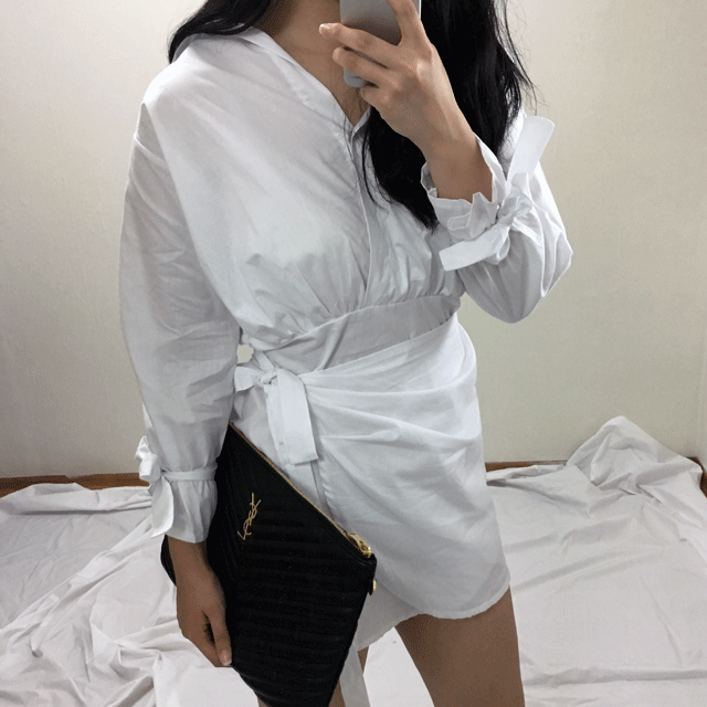 New Stripe White Mini Shirt Wrap Dress 2color Styl