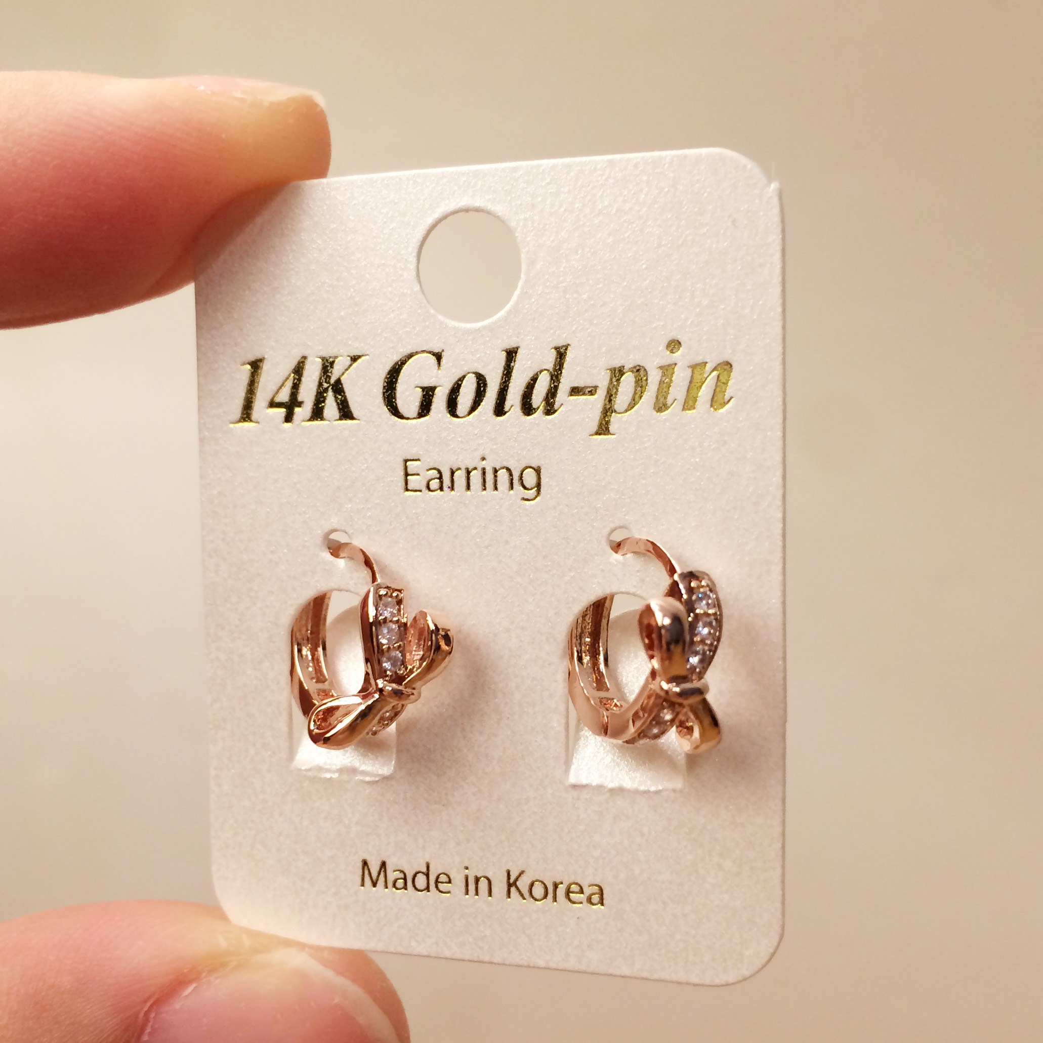 Gold pin ribbon ribbon ring One-touch earrings 14k