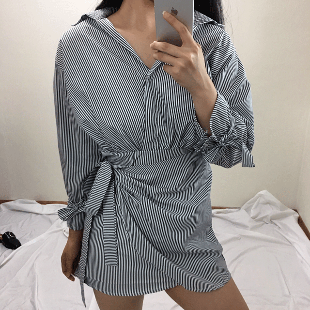 New Stripe White Mini Shirt Wrap Dress 2color Styl