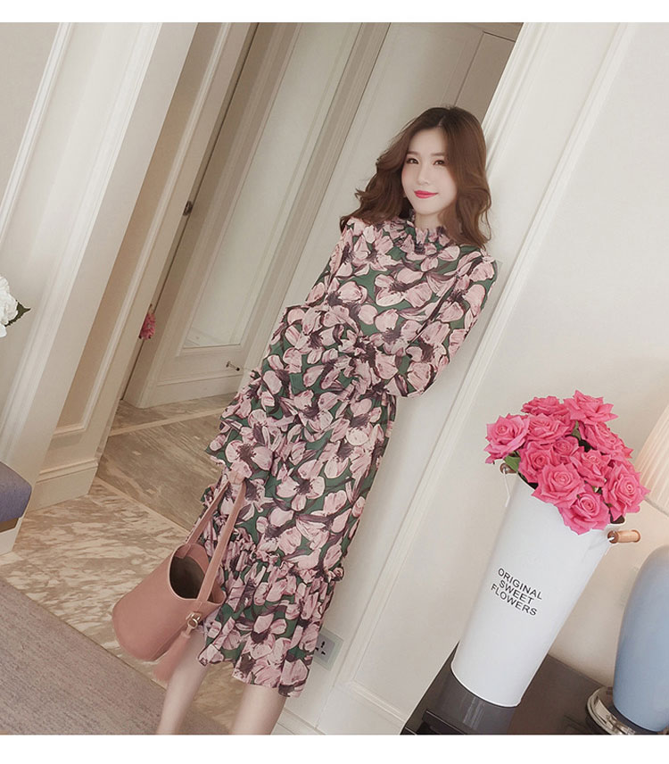 New Women Dress Flower Chiffon Long Dress Green Pi