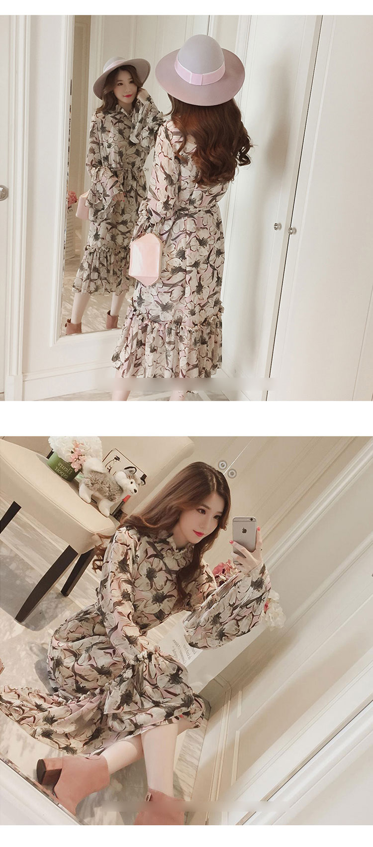 New Women Dress Flower Chiffon Long Dress Green Pi