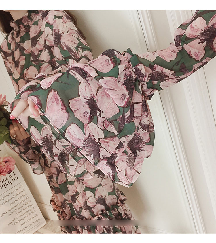 New Women Dress Flower Chiffon Long Dress Green Pi