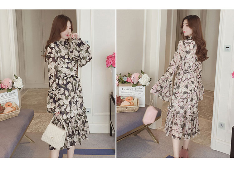 New Women Dress Flower Chiffon Long Dress Green Pi