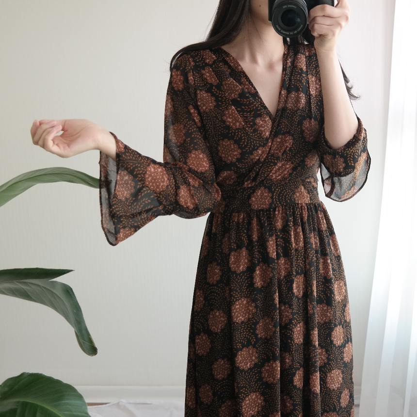 Autumn Flower Pattern Chiffon Wrap One Piece Visit