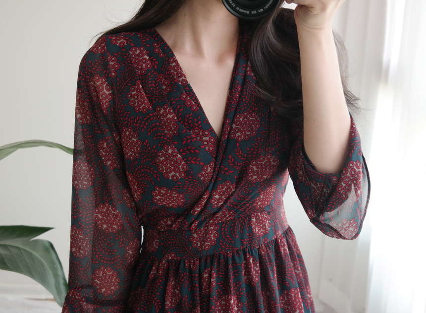 Autumn Flower Pattern Chiffon Wrap One Piece Visit
