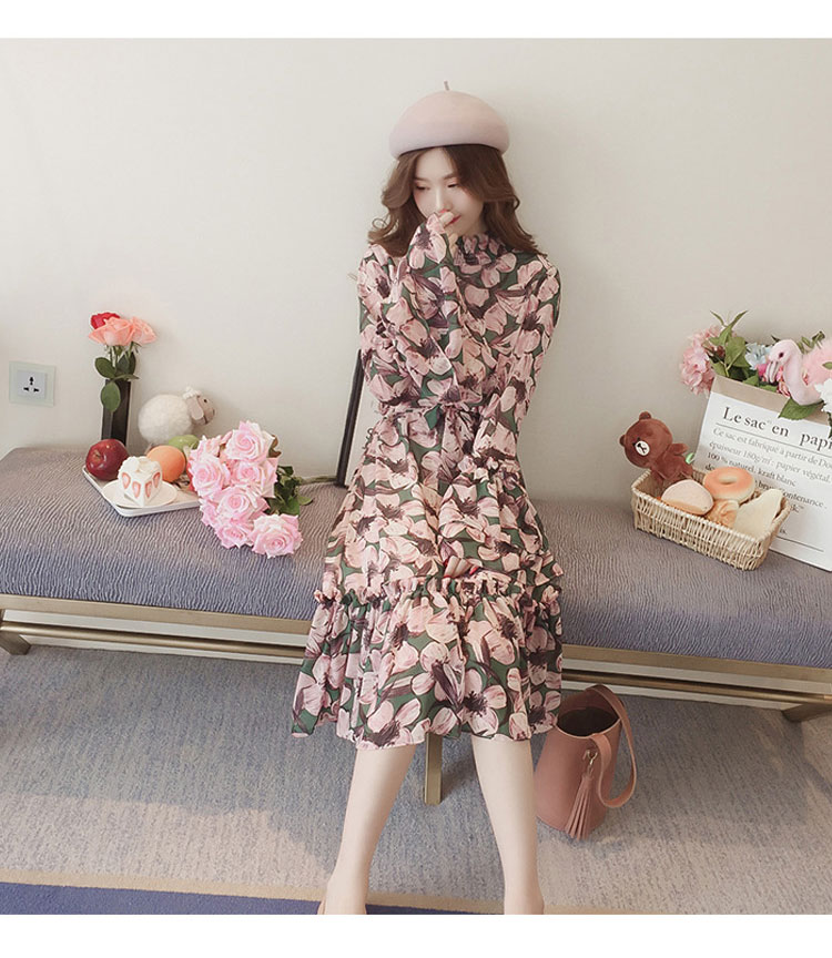 New Women Dress Flower Chiffon Long Dress Green Pi