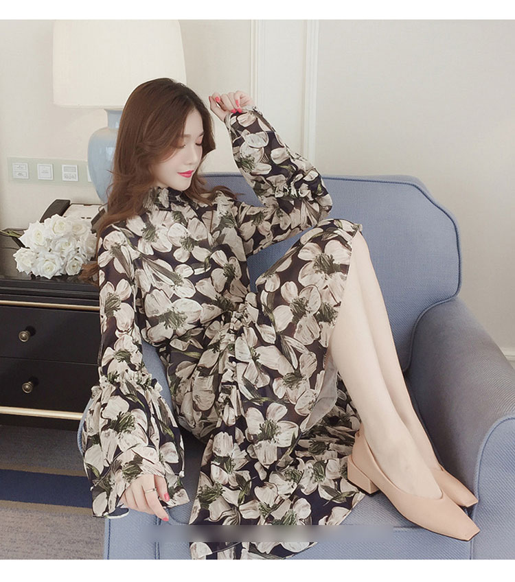 New Women Dress Flower Chiffon Long Dress Green Pi