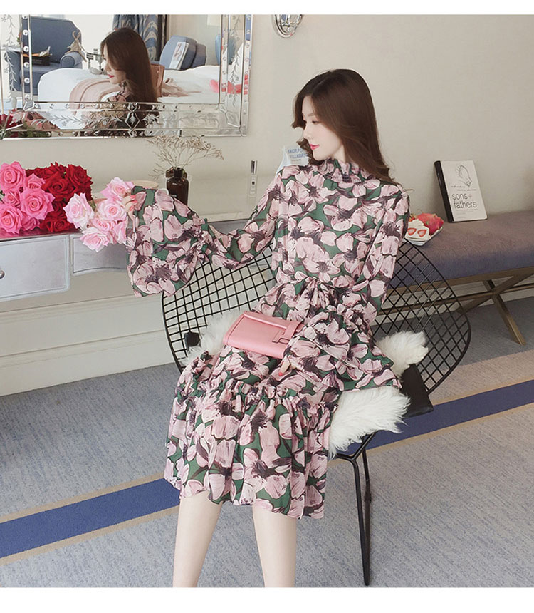 New Women Dress Flower Chiffon Long Dress Green Pi