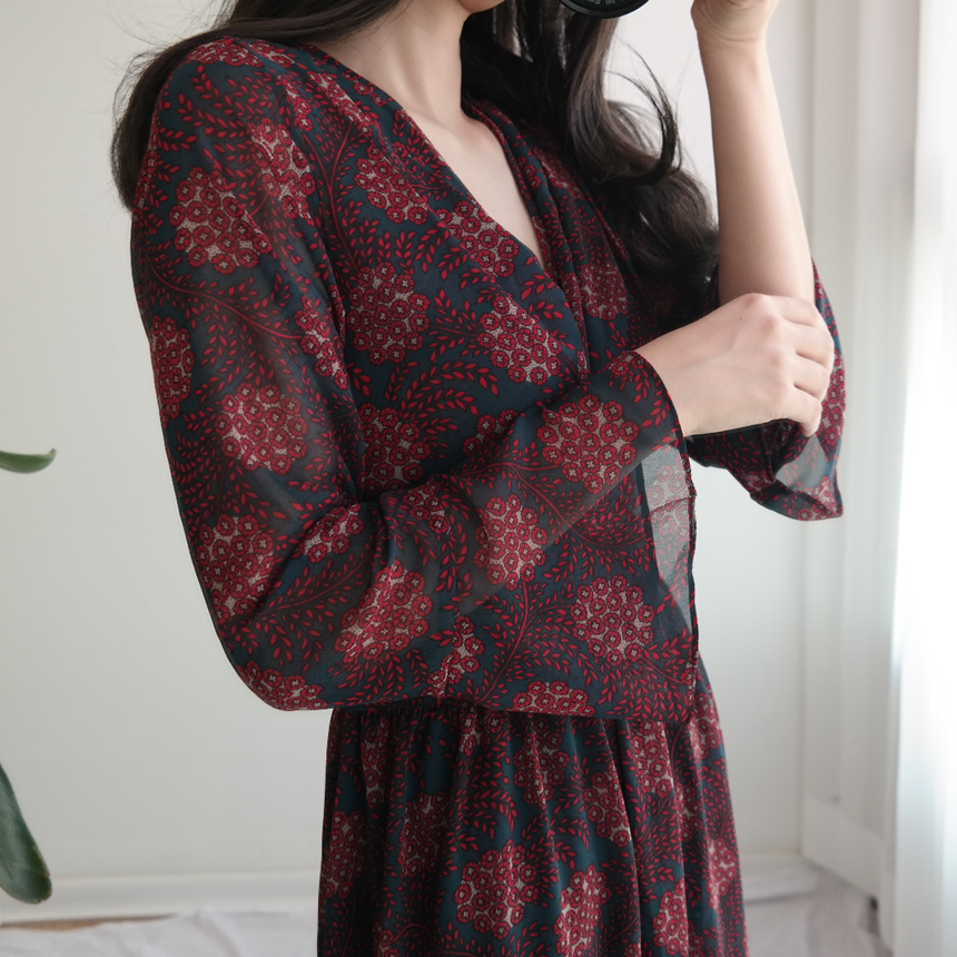 Autumn Flower Pattern Chiffon Wrap One Piece Visit