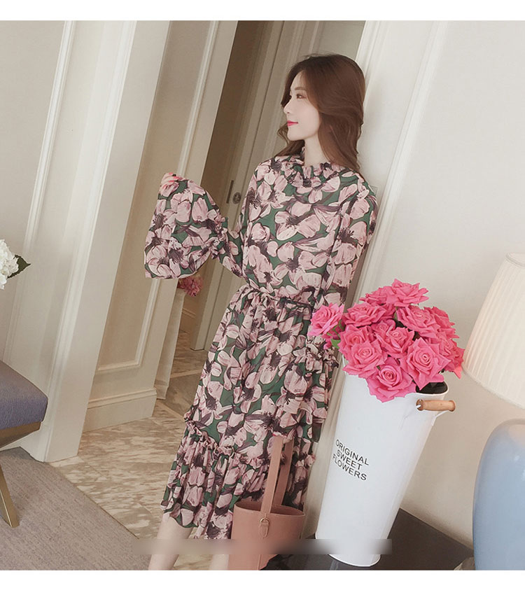 New Women Dress Flower Chiffon Long Dress Green Pi