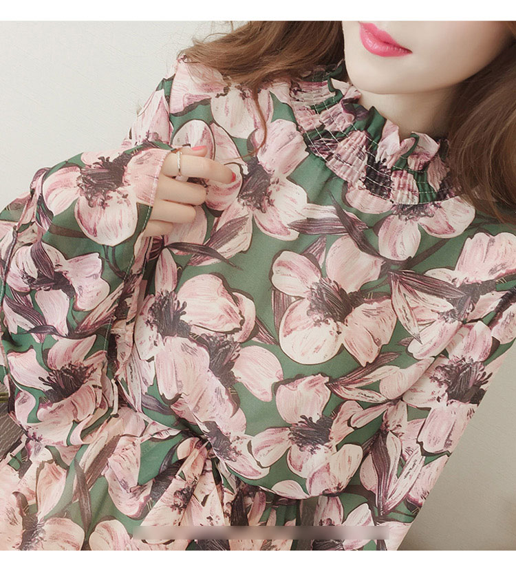 New Women Dress Flower Chiffon Long Dress Green Pi