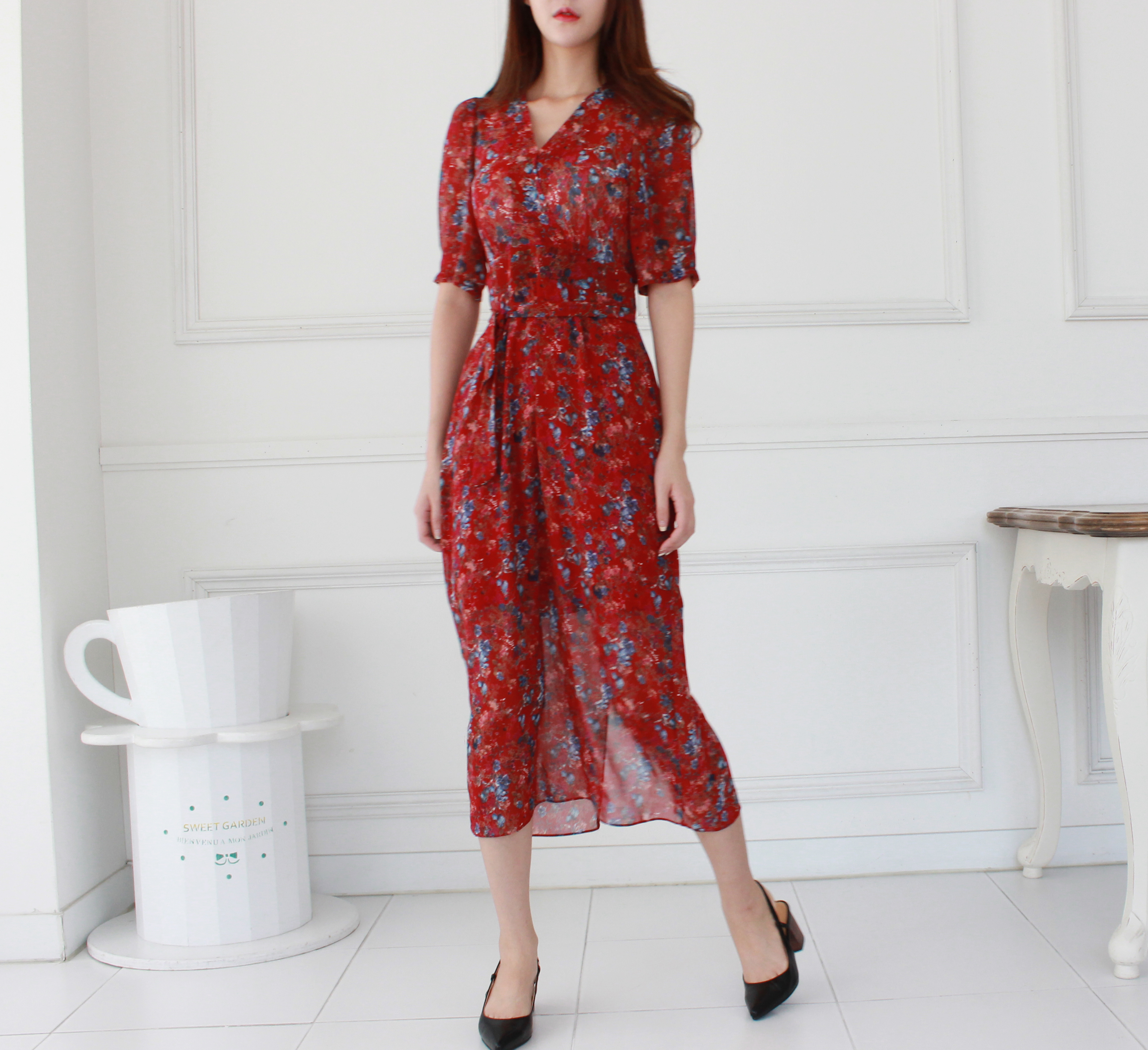 Guest Chiffon Flower Wrap Long Dress Red, Black, B