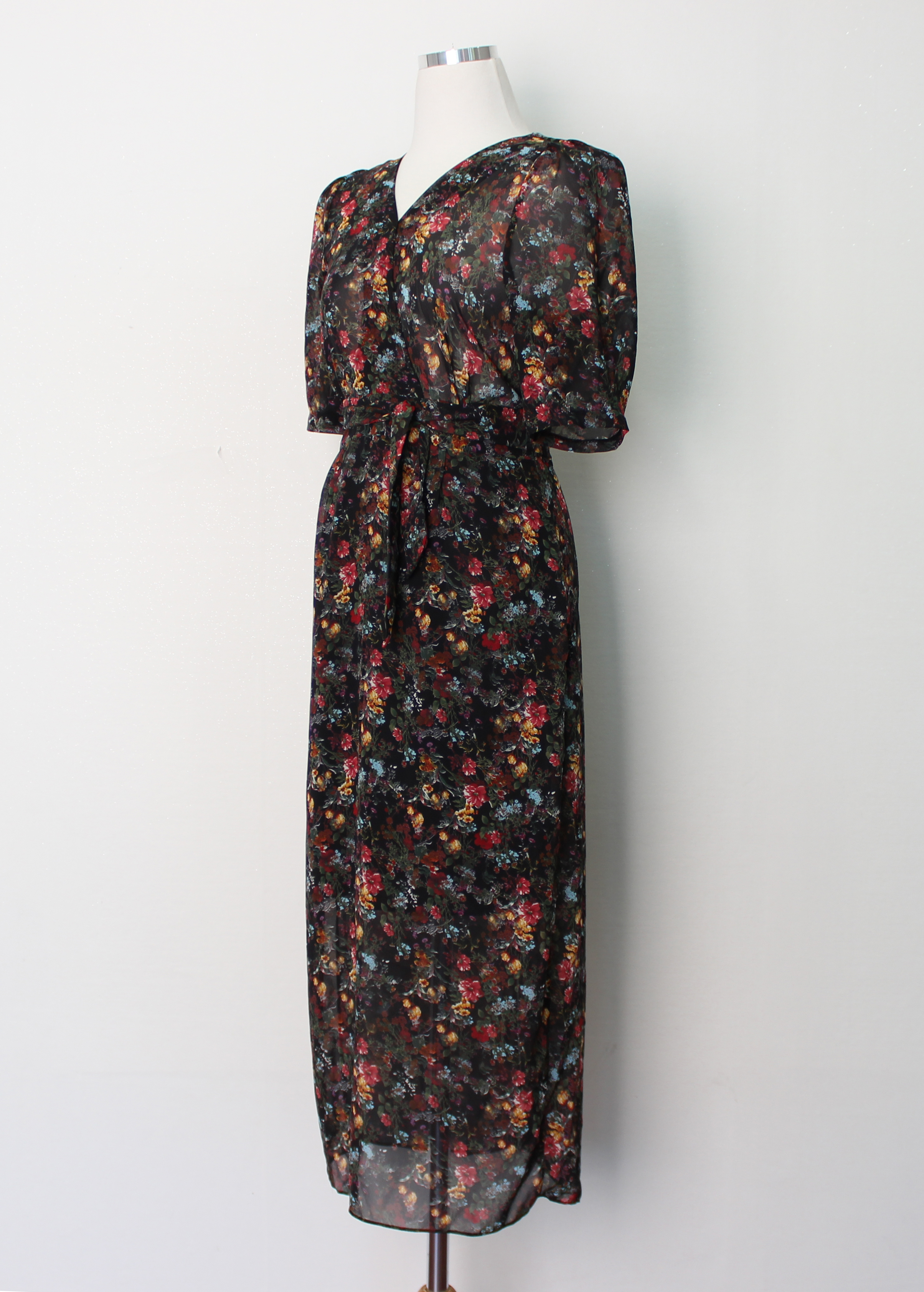 Guest Chiffon Flower Wrap Long Dress Red, Black, B