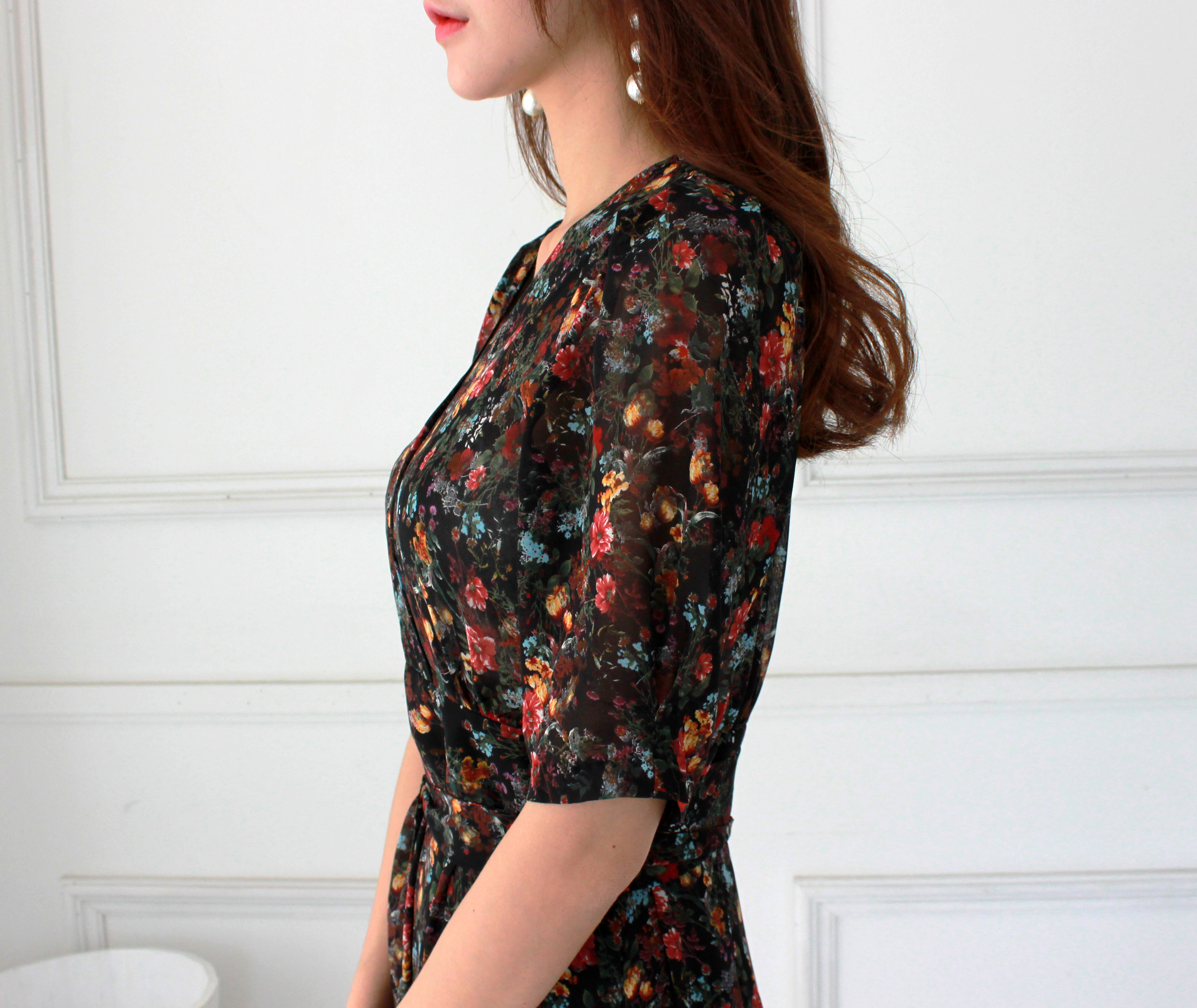 Guest Chiffon Flower Wrap Long Dress Red, Black, B