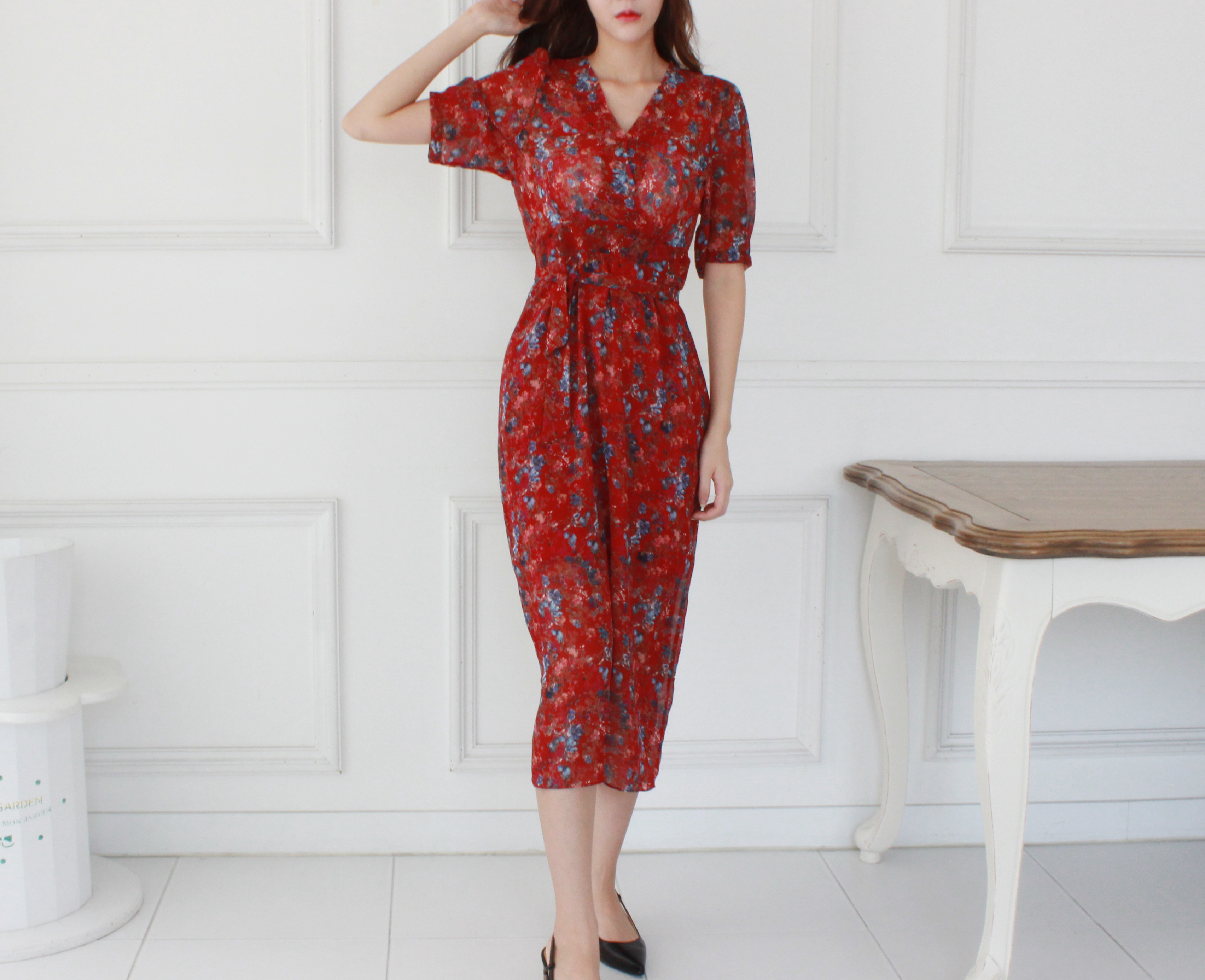 Guest Chiffon Flower Wrap Long Dress Red, Black, B