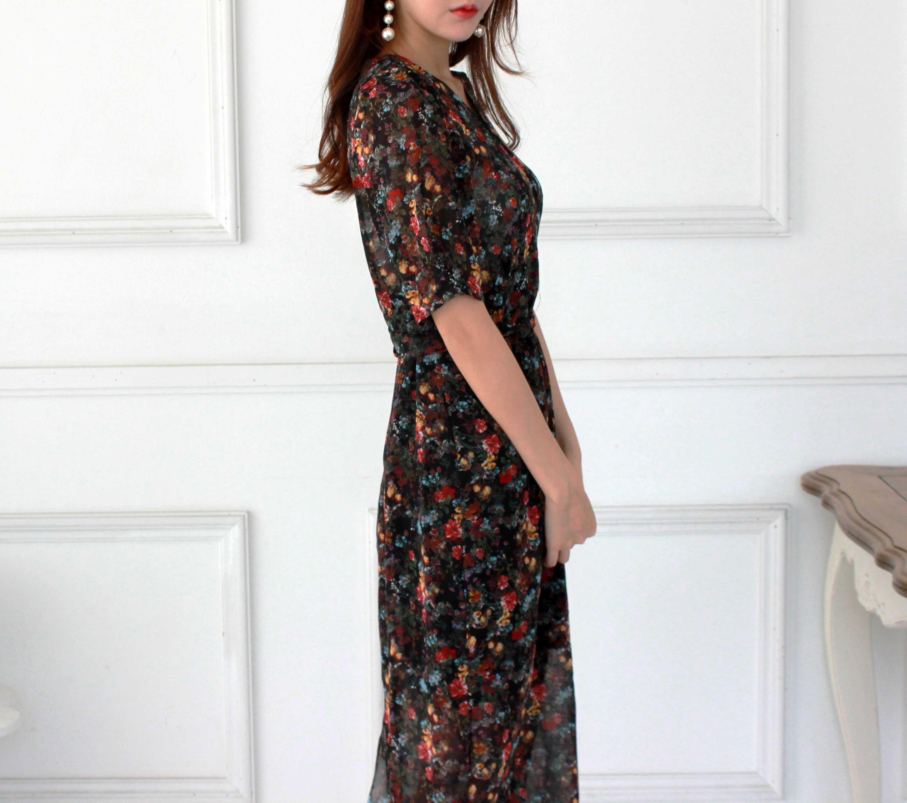 Guest Chiffon Flower Wrap Long Dress Red, Black, B