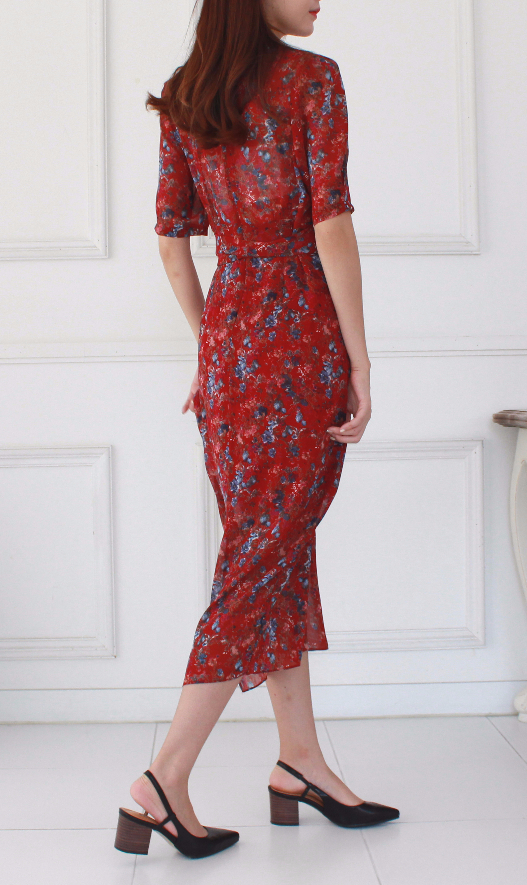 Guest Chiffon Flower Wrap Long Dress Red, Black, B