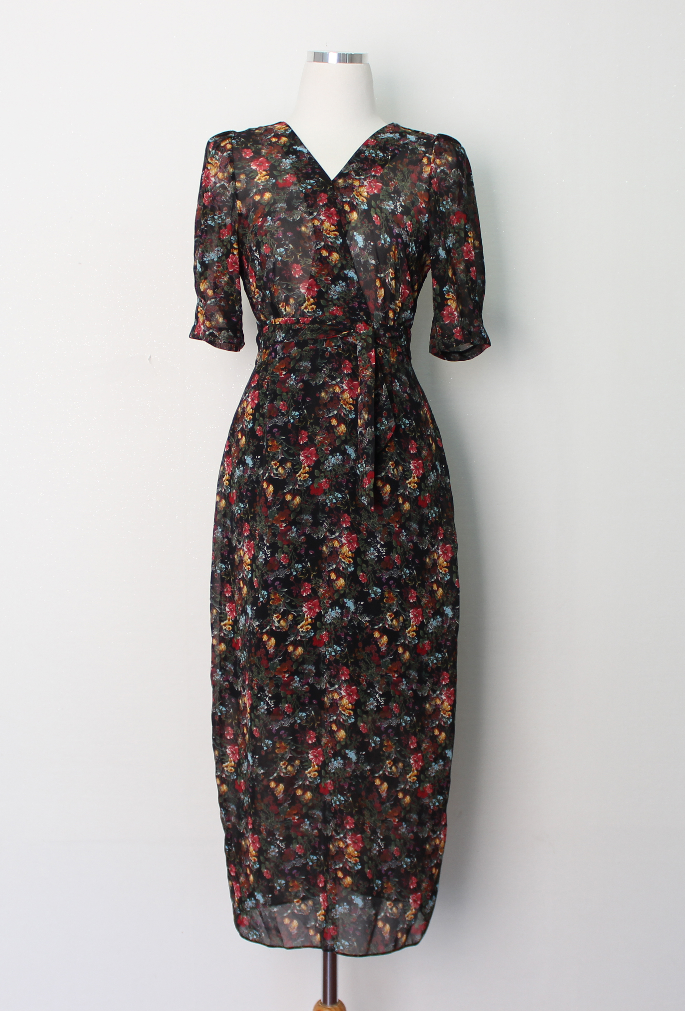 Guest Chiffon Flower Wrap Long Dress Red, Black, B