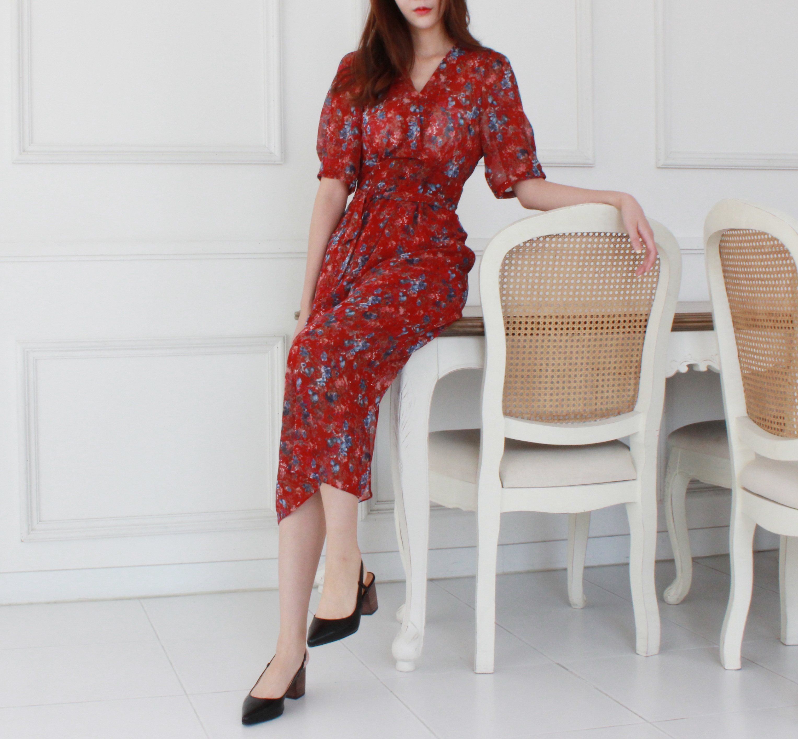 Guest Chiffon Flower Wrap Long Dress Red, Black, B