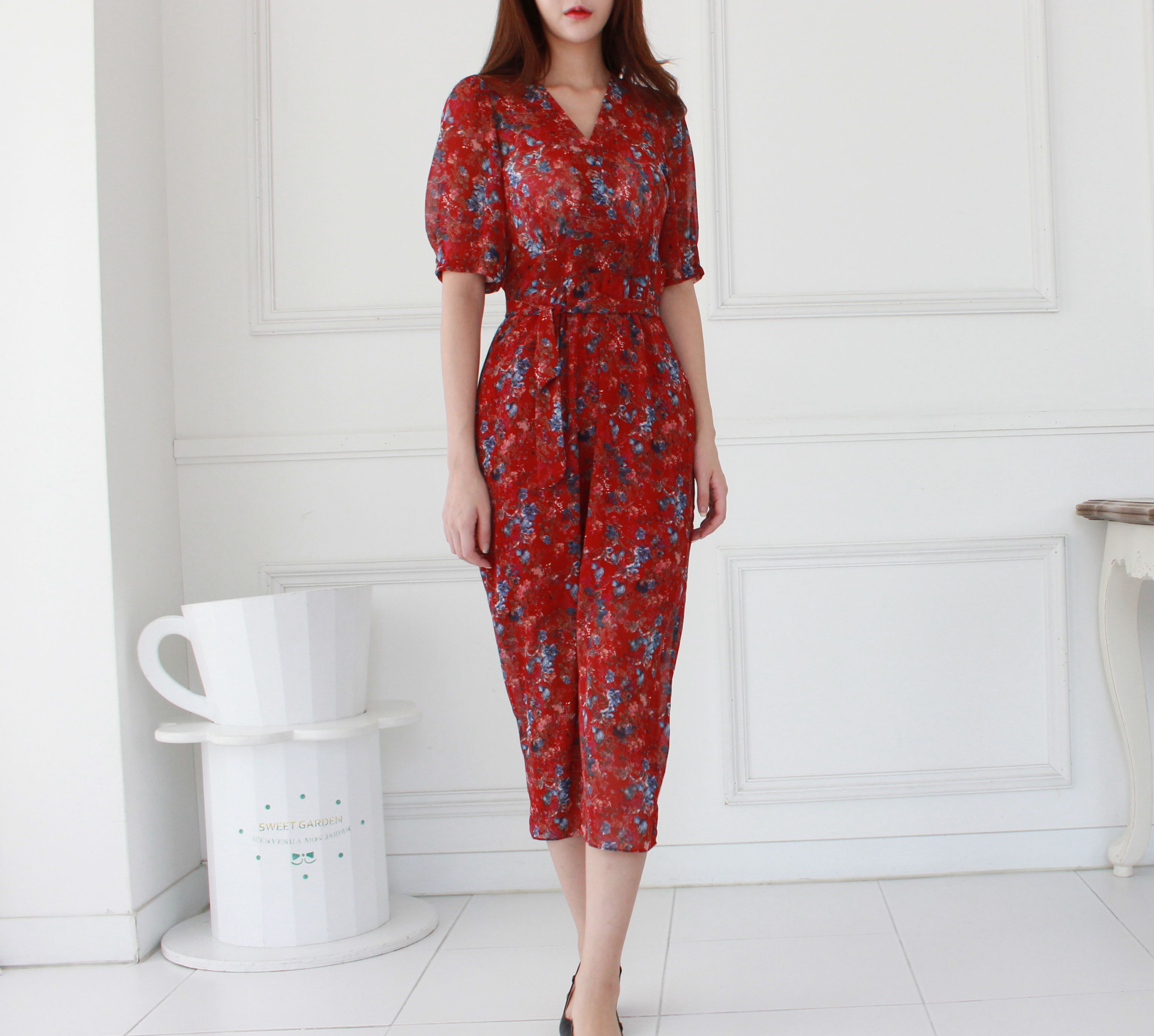 Guest Chiffon Flower Wrap Long Dress Red, Black, B