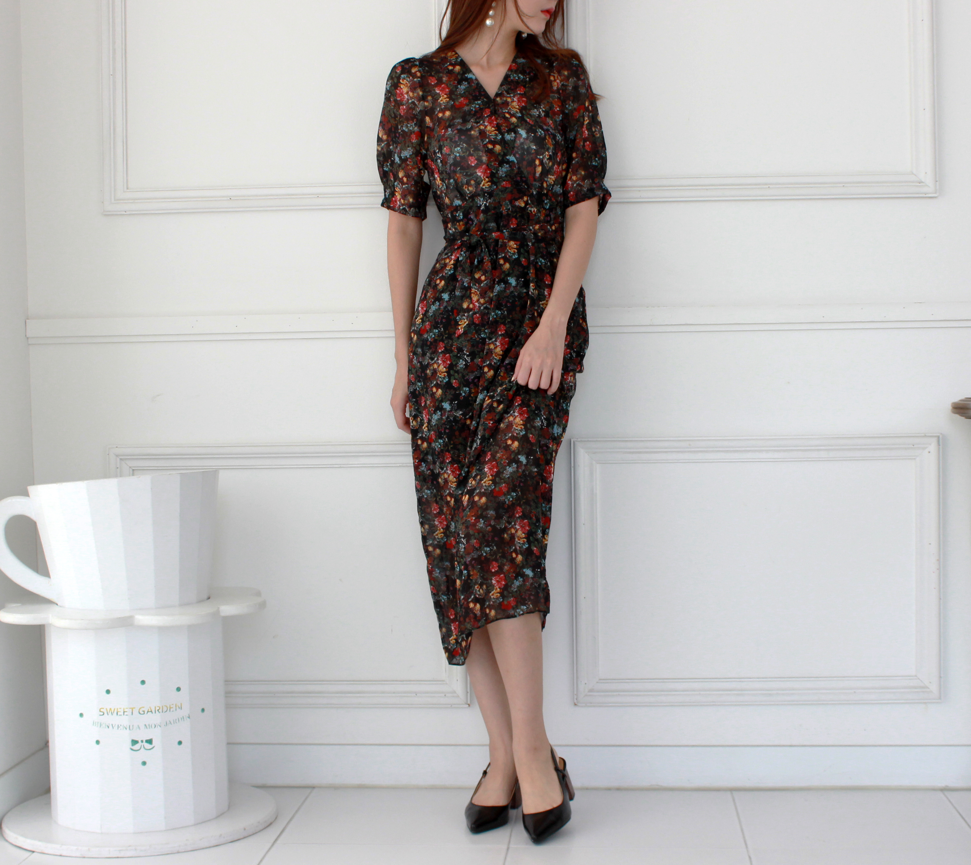 Guest Chiffon Flower Wrap Long Dress Red, Black, B