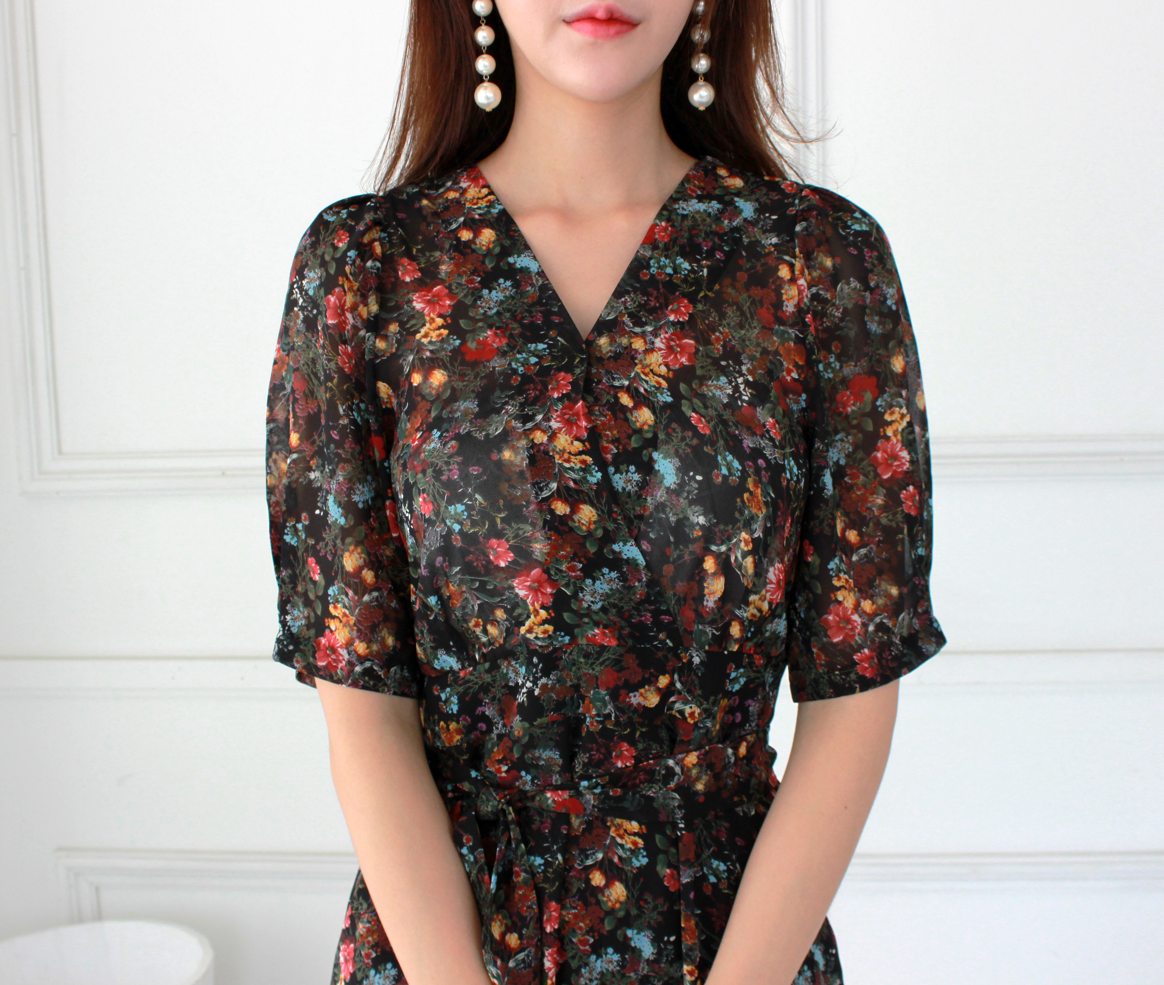 Guest Chiffon Flower Wrap Long Dress Red, Black, B