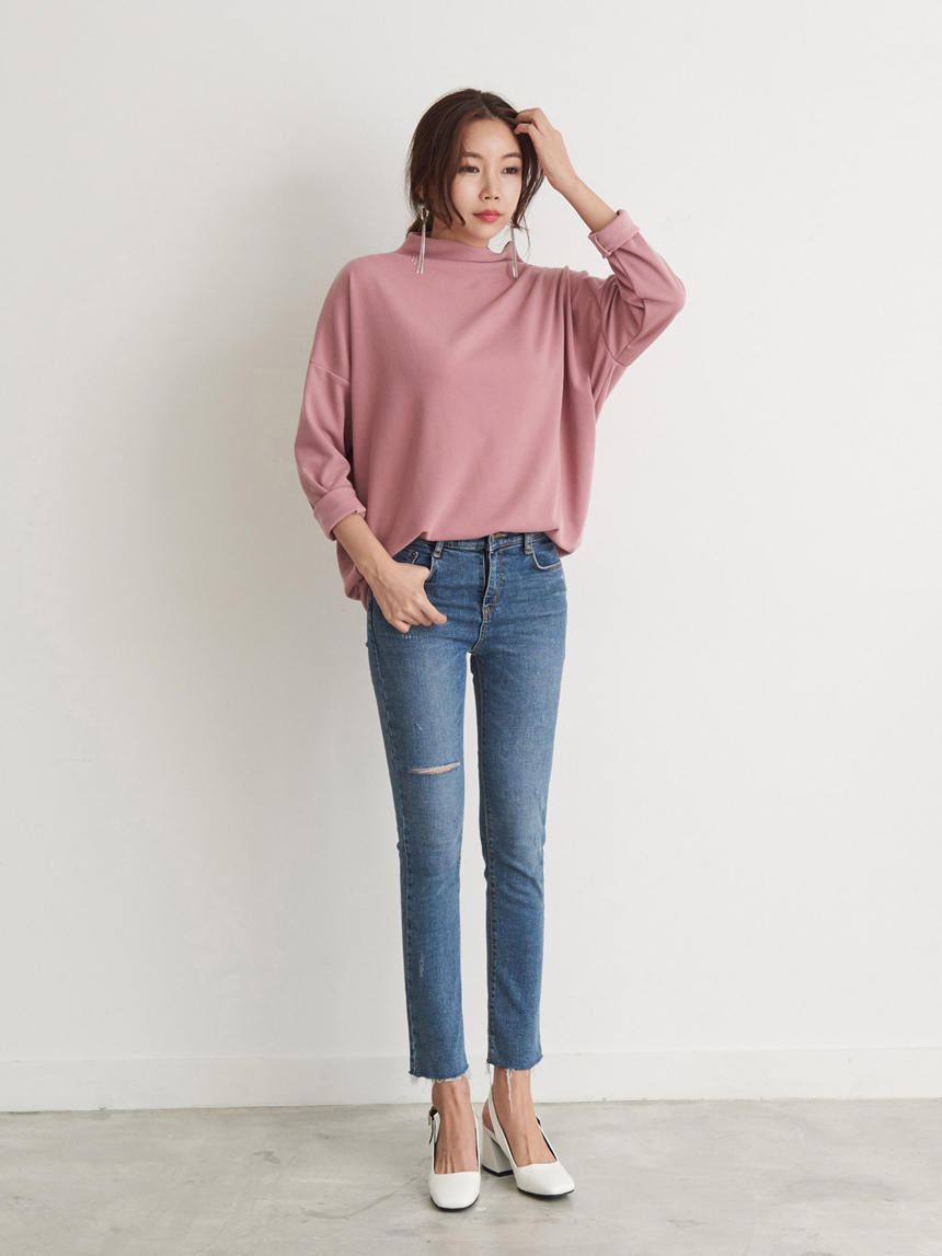Half Neck Polar Long Sleeve Box T-shirt Women's