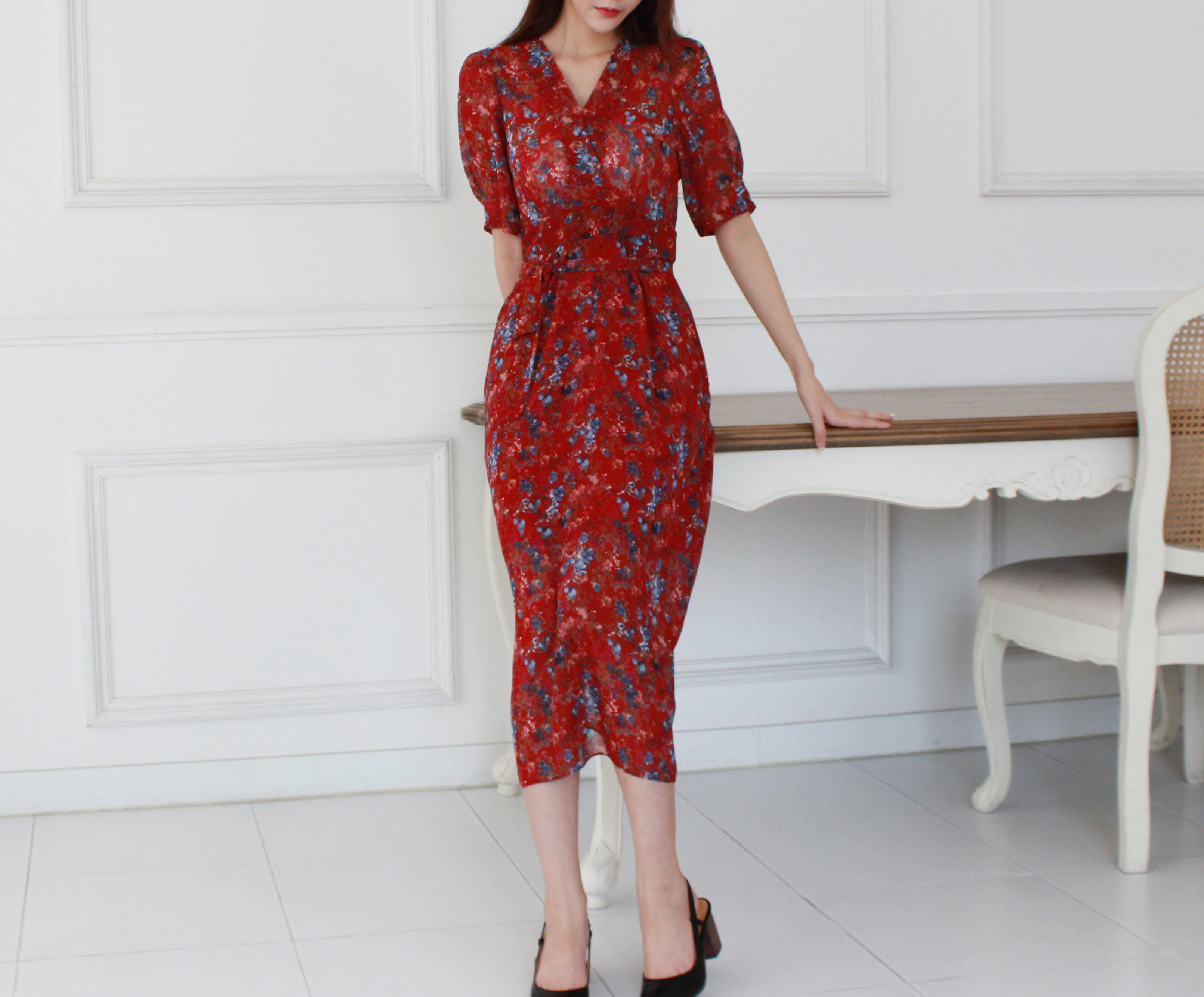 Guest Chiffon Flower Wrap Long Dress Red, Black, B