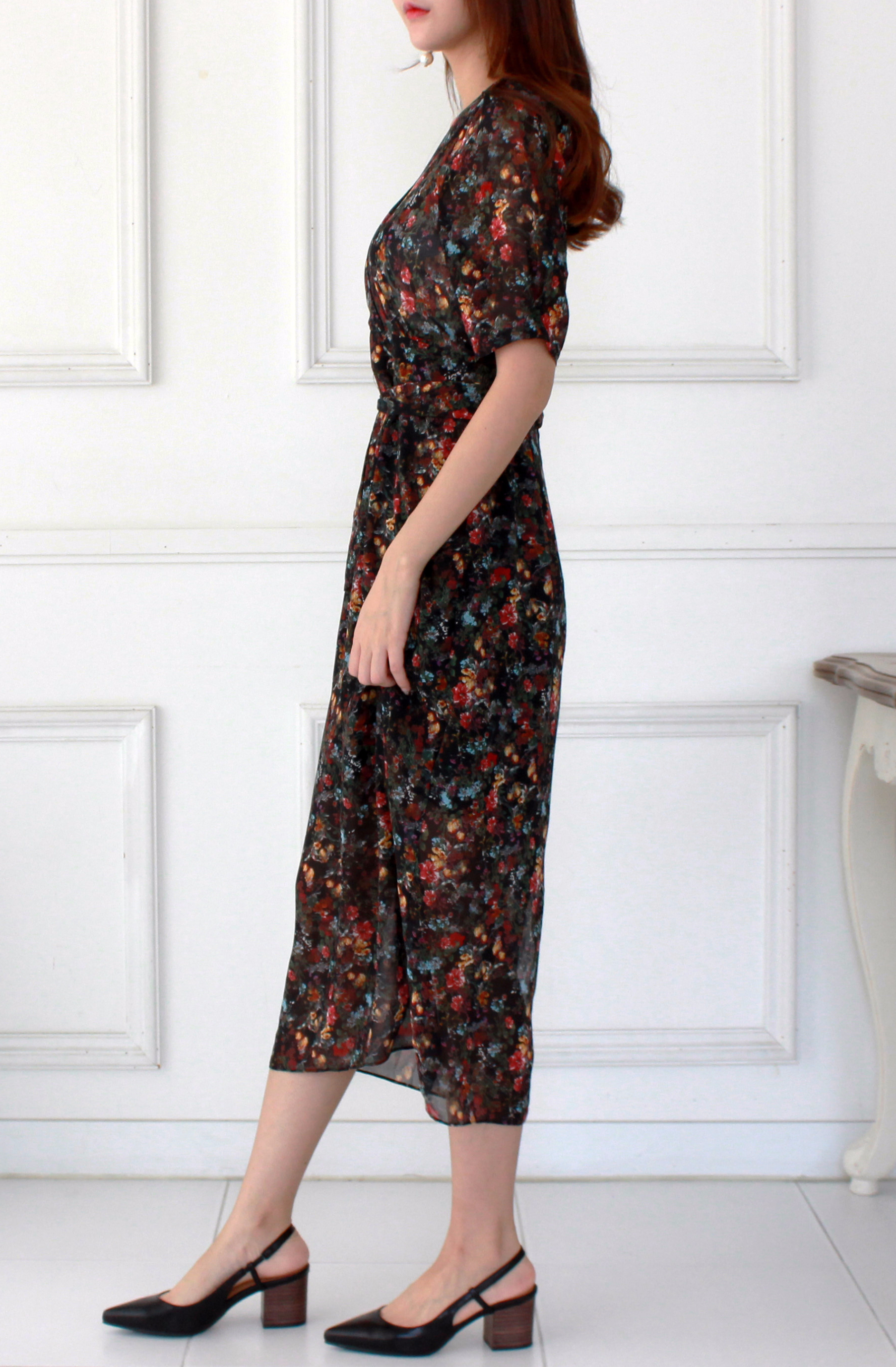 Guest Chiffon Flower Wrap Long Dress Red, Black, B